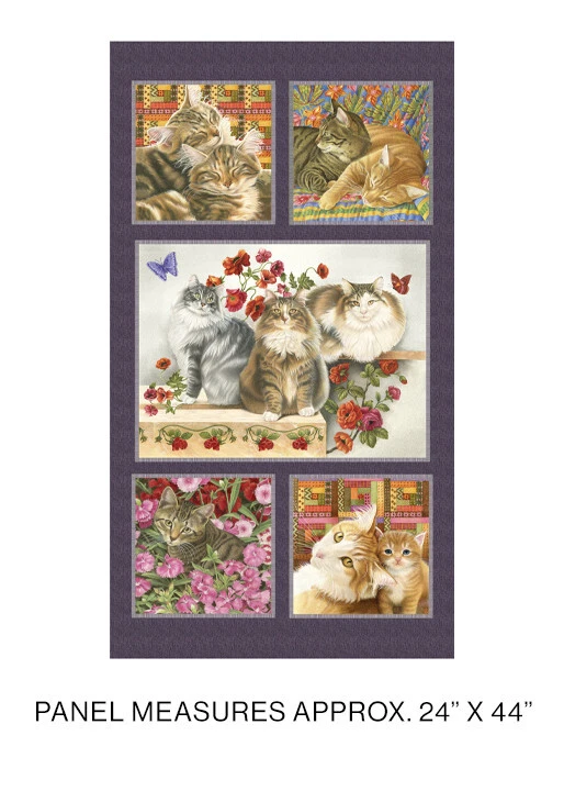 Cats N Quilts Panel Fabric Kitty Cat Flowers Kittens Cotton Benartex 24" Panel - Image 1 of 1