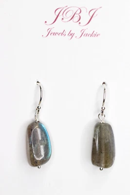 Labradorite Gray Natural Free Form Gemstone .925 Sterling Silver Earrings 1" - Image 1 of 3