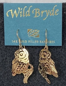 Wild Bryde Perched Owl Earrings 14K Gold Plate French Wire Vintage NEW - Picture 1 of 4