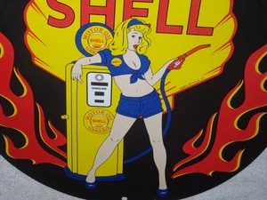 VINTAGE 1957 SHELL GASOLINE ๐ฉ WOMAN & GAS PUMP 11 3/4" OIL STATION PLATE SIGN! - Picture 1 of 24