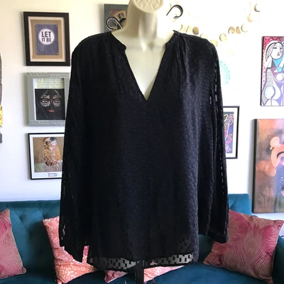 J CREW size 12 Sheer Black Dot Textured Silk Blend Notch Neck Popover Top #e7788 - Image 1 of 4