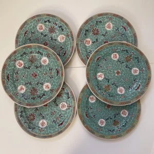 6 Chinese Hand Painting Mun Shou Longevity Antique Porcelain Dinner Plates 10” - Picture 1 of 4