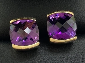STUNNING LARGE ish PAIR OF 14CT GOLD AMETHYST DIAMOND EARRINGS - Picture 1 of 24