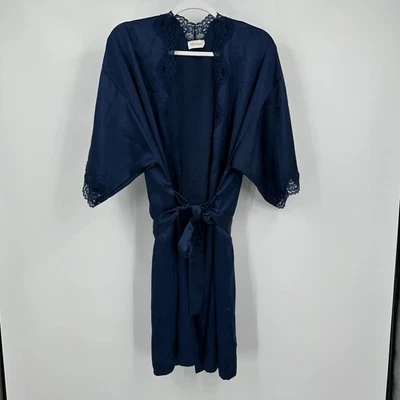 Bata de encaje satinado Barbizon vintage para mujer talla L azul marino glamuroso tocador Foto 1 de 4