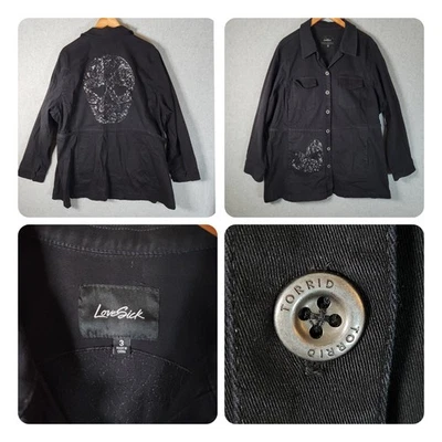 Chaqueta de mezclilla elástica Torrid 3 negra talla grande para mujer 3X calavera gótica lovesick Foto 1 de 4
