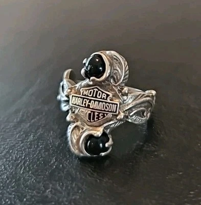 HARLEY DAVIDSON RING WOMEN' S SZ 7.5 STERLING SILVER  ONYX  FLORAL - VINTAGE - Image 1 of 4