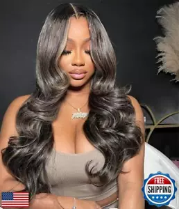 Upgrade schwarz mit braunblond Highlight Perücke Echthaar 210% Dichte 13x4 HD - Bild 1 von 5