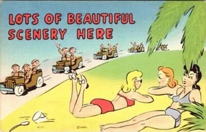 Military Comic LOTS OF BEAUTIFUL SCENERY Bathing Beauties WWII ca1940's Postcard - Picture 1 of 2