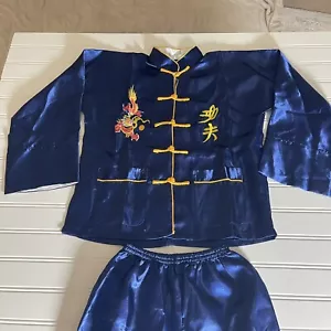 Set 2 pezzi vestito kung fu seta blu drago cinese taglia 6 ragazzo - Foto 1 di 21