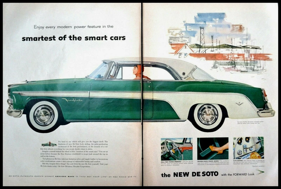 Anúncio impresso 1955 DeSOTO 2 páginas ARTE 2 tons verde/branco Fireflite Sportsman at Wharf - Imagem 1 de 1