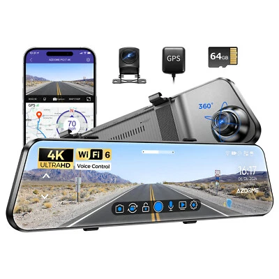 AZDOME 12" 4K Dual Dash Cam Car Rear Mirror View Backup Dual Camera 64GB SD Card - Image 1 of 4