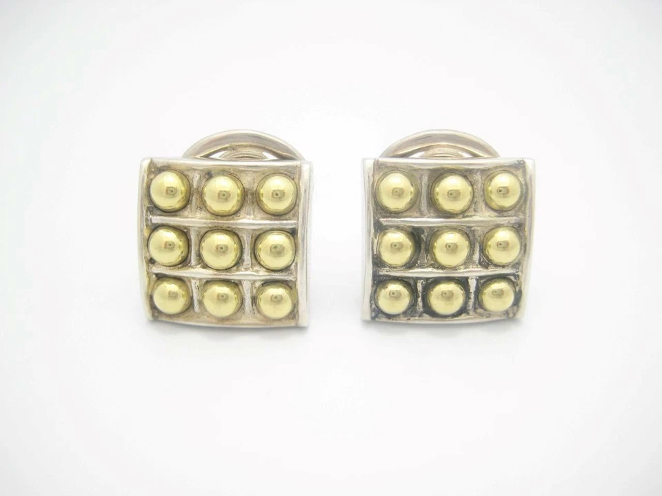 Lagos Caviar Sterling & 18k Yellow Gold Square Dot Omega Back Earrings - A - Image 1 of 4