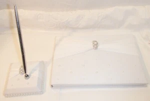White Satin & Faux Pearl Wedding Guest Book with Silver Tone Pen Set 9.5" x 6.5" - Picture 1 of 5