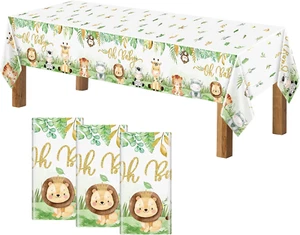 3 Pcs Safari Baby Shower Tablecloths Jungle Animals Plastic Table Cloths,108×54 - Picture 1 of 15