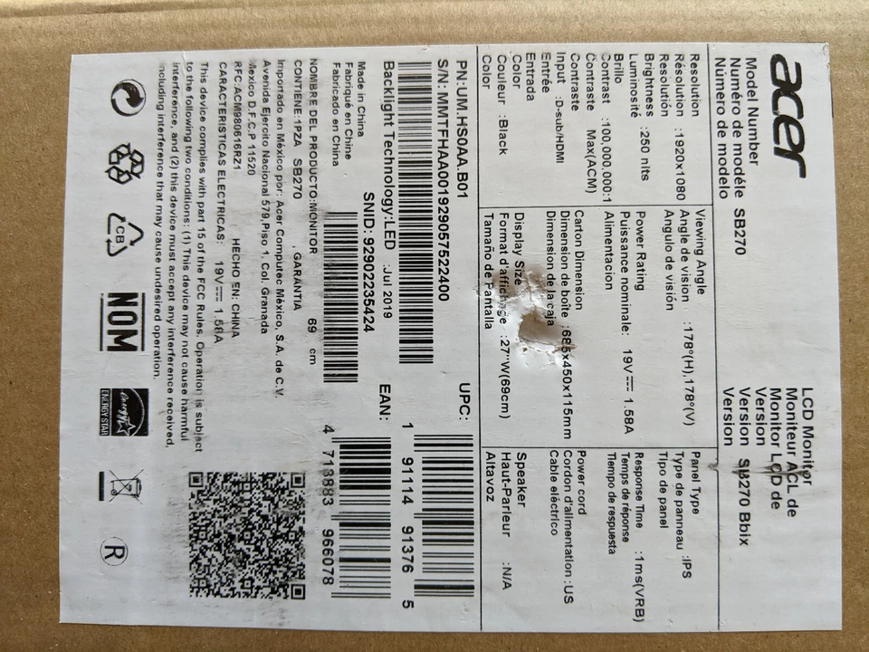 Acer SB270 Bbix 27" Full HD (1920 x 1080) IPS Ultra-Thin Zero Frame Monitor - Image 1 of 1