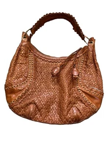 ISABELLA FIORE Woven Handbag Purse w/Tassels Brown Leather Large - Picture 1 of 9