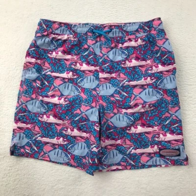Vineyard Vines Swim Trunks Shorts Boys XL (18) Pink Blue AOP Fish Mesh Liner Kid - Image 1 of 4