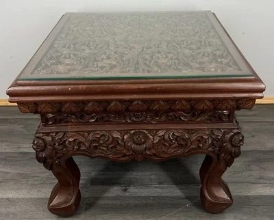 Plant Stand Coffee Table Chinese Mahogany Hand Carved Design Glass Top LOT 4327 - Image 1 of 4