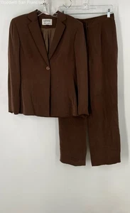 Vintage Kasper A.S.L. Brown Silk Long Sleeve 2pc Womens Pants Suit Set Size 4P - Picture 1 of 4