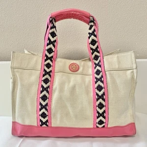 Bolso de Mano Tory Burch Ella Bolso de Lona Playa XOXO Natural Rosa Brillante Base de Cuero - Imagen 1 de 13