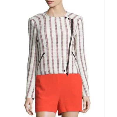 Veronica Beard Mara Moto Tweed Jacket Striped Sz 6 White Black Red Yellow Zipper - Image 1 of 4