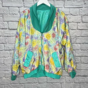 Vintage Casual Isle Reversible Windbreaker Pastel Teal Floral Size L 90s Nylon  - Picture 1 of 7