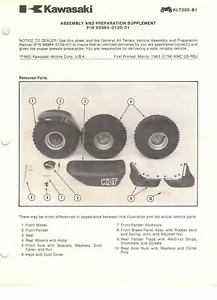 OEM Genuine Kawasaki New ATV Service/Assembly Sheet/Manual KLT200 B 1983 - Foto 1 di 1