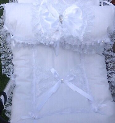 Pram Cover Set  White With Matching Pillow Slip (Silver Bling Optional) • 21.99£