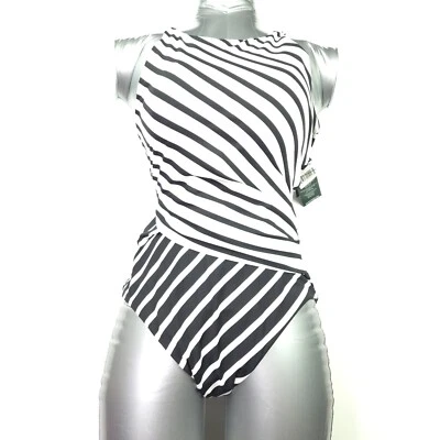 RALPH LAUREN WOMENS 1 PIECE SWIMSUIT -12- WHITE BLACK STRETCH SLIMMING FIT -NEW - Image 1 of 4