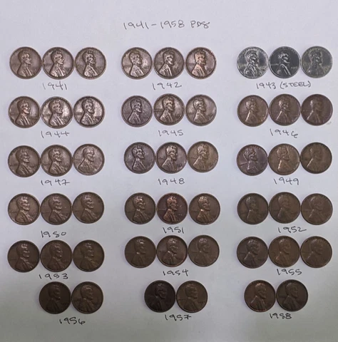 Complete 1941-1958 PDS Lincoln Wheat Cents Pennies 51-Coin Set - Circulated Cover