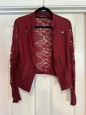 Material Girl Sheer Cropped Moto Jacket Women's Size L Red - Image 1 of 4