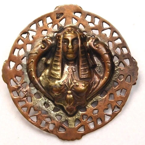 LARGE Antique BUTTON Pierced Brass EGYPTIAN Queen & Dolphins NICE #J1 Cover