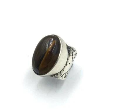 Grueso anillo de plata esterlina 925 estampado ojo de tigre cabujón banda ancha para cigarros  Foto 1 de 4