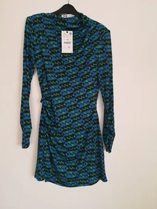 BNWT Zara Stretch Blue retro Geo print bodycon short side Ruched Dress L large - Picture 1 of 12