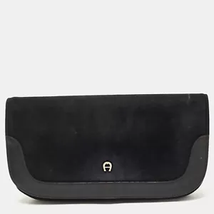 Aigner Black Suede And Leather Logo Flap Clutch - Picture 1 of 10