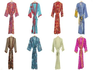 10 PC LOT Vintage Silk Sari robe Nightdress kimono Bathrobe Long Sleepwear Gown - Picture 1 of 3