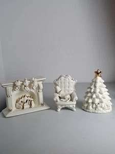 Porcelana 3 piezas Juego de Centro de Mesa de Navidad Chimenea Árbol de Navidad Silla Perro - Imagen 1 de 8