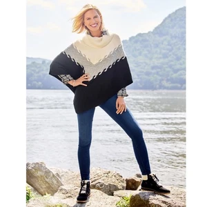 Talbots Colorblock Rollkragen Poncho mit Zopfmuster schwarz weiß grau großer Chevron - Bild 1 von 6
