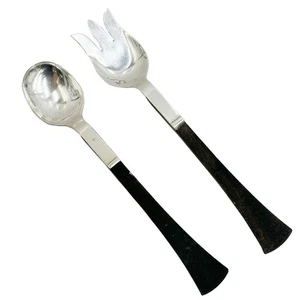 Par de tenedor y cuchara para servir Paul Adler de plata de ley tallada en madera de ébano de 10,75 pulgadas - Imagen 1 de 6