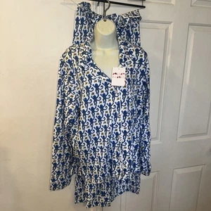 Roller Rabbit Blue Monkeys Long Sleeve Long Pant Polo Pajama Set Women Xl - Picture 1 of 10