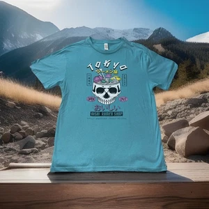 Tokyo Oishi Ramen Shop Shirt Mens Large Blue Skull Graphic Shortsleeve Sushi Gym - Picture 1 of 24