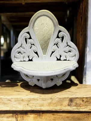Vintage Wood Wall Shelf With Glass Cut Out Country Cottage Core Shabby Chic - Image 1 of 4