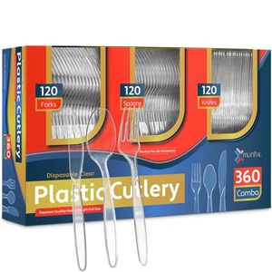 Set di posate in plastica 360 pezzi, 120 forchette trasparenti, 120 cucchiai, 120 coltelli, lui... - Foto 1 di 5