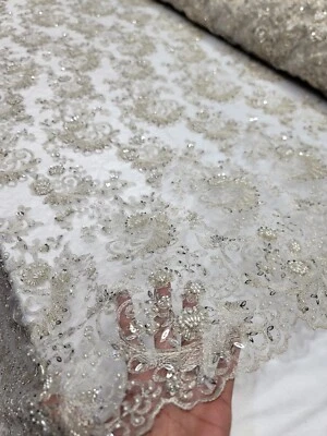 Silver Floral Beaded Embroidered Lace Scalloped Fabric Sold By Yard Bridal Prom  - Image 1 of 4
