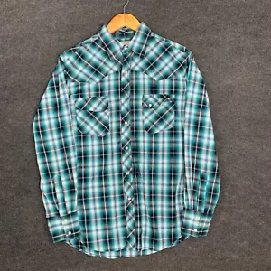 Wrangler Wrancher Mens Shirt Medium Blue Plaid Long Sleeve Pearl Snap Button Up - Picture 1 of 17