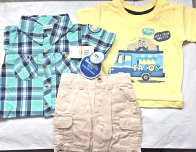 Nannette Kids  Boys 3 Piece Woven Shirt, T Shirt  and Short Set. size 12mo. NWT - Image 1 of 2