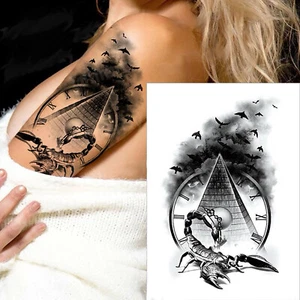 Tatuaje Temporal Tiempo Escorpio Tiempo Reloj Patrón Pájaros Una Pirámide Escorpio - Imagen 1 de 3