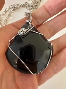 Large Black Quartz Druzzy Raw Pendant Necklace Silver Tone Links Statement 30" - Picture 1 of 11