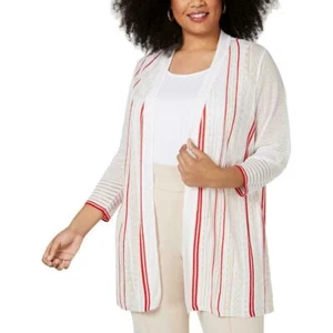 Alfani Womens Red White Striped Knit Open LINEN Tunic Cardigan Sweater Size 0X - Picture 1 of 7