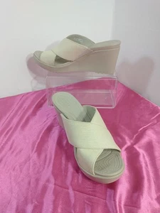 Crocs Criss Cross Wedge Sandal Slip On Beige Canvas Uppers 3.25" Heel US 9 EU 40 - Picture 1 of 8